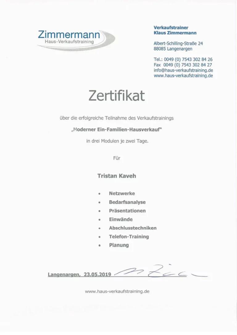 Zimmermann Haus Verkaufstraining Zertifikat
